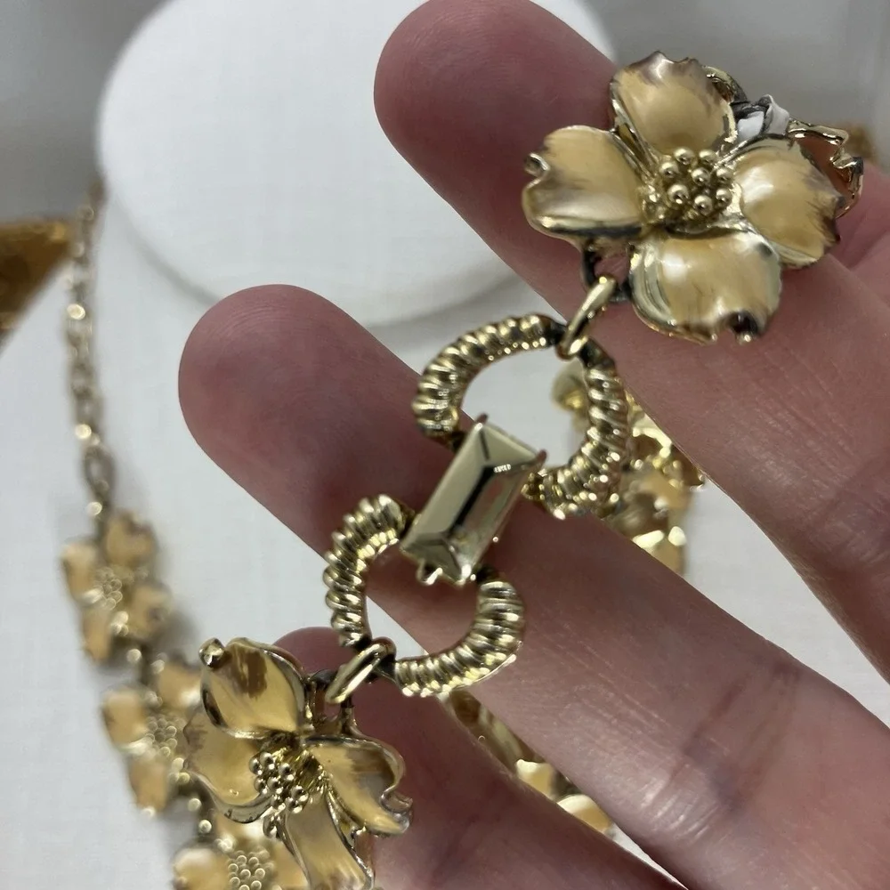 Vtg 50's Dogwood Gold Tone Collar/Choker Necklace & Bracelet NC Flower Romantic